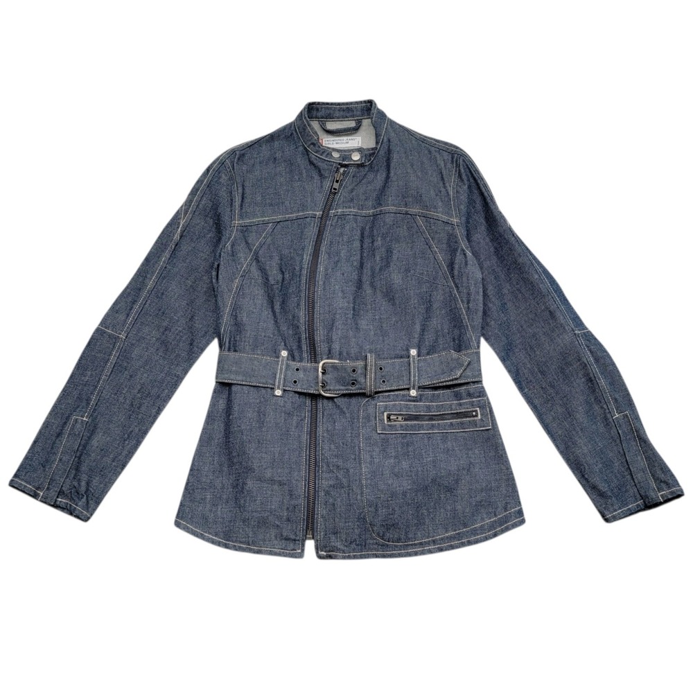 Vtg Levis Engineered Jeans Jacket Womens M Belted Denim Moto Asymmetrical Zipper
